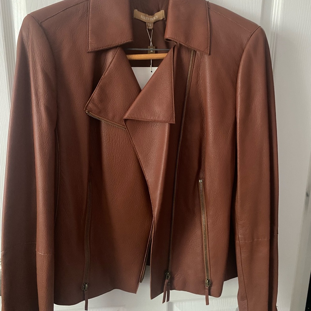Ellen Tracy Brown Leather Jacket Asymmetrical Design